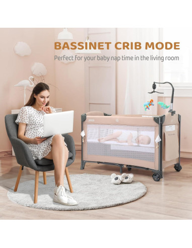 Cuna Lateral JOYMOR 3 en 1 Beige - Cuna, Parque Infantil y Cama de Viaje
