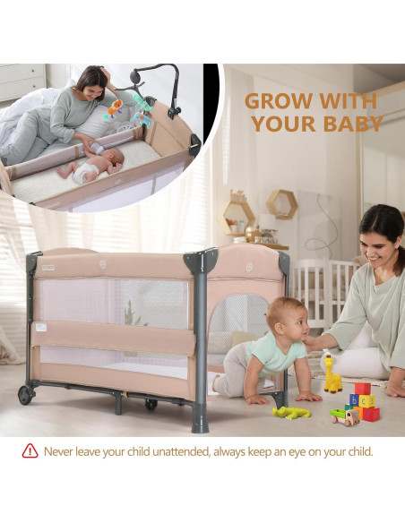 Cuna Lateral JOYMOR 3 en 1 Beige - Cuna, Parque Infantil y Cama de Viaje