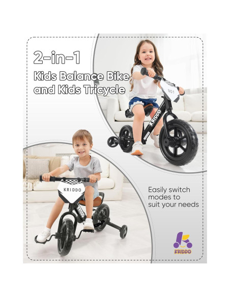 Triciclo 2-en-1 KRIDDO para Niños, Bicicleta de Equilibrio, Negro