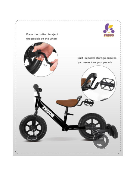 Triciclo 2-en-1 KRIDDO para Niños, Bicicleta de Equilibrio, Negro