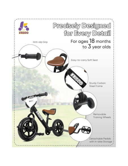 Triciclo 2-en-1 KRIDDO para Niños, Bicicleta de Equilibrio, Negro