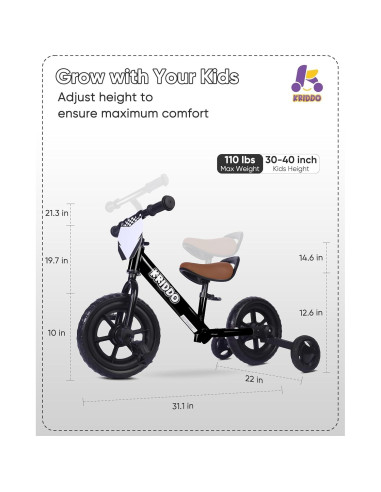 Triciclo 2-en-1 KRIDDO para Niños, Bicicleta de Equilibrio, Negro