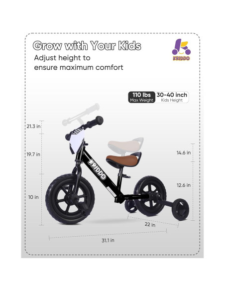 Triciclo 2-en-1 KRIDDO para Niños, Bicicleta de Equilibrio, Negro