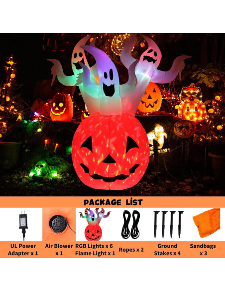 Decoración Inflable Halloween Buheco 1.83m Calabaza Fantasma LED