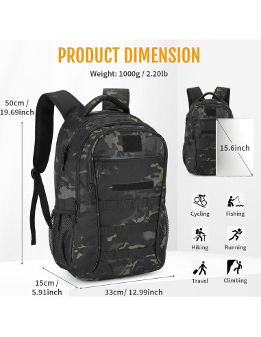 Mochila Táctica CamGo 25L Camo Negro para Senderismo y Camping