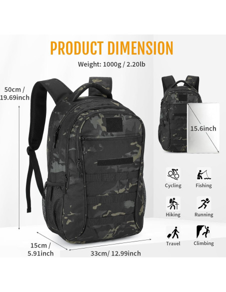 Mochila Táctica CamGo 25L Camo Negro para Senderismo y Camping