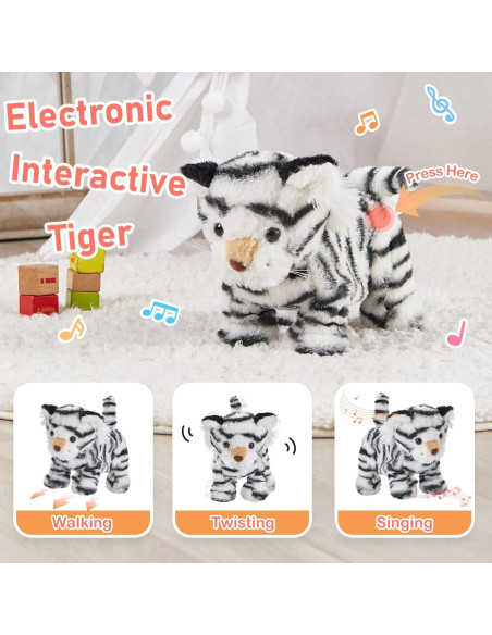 Tigre de Peluche Interactivo CozyWorld 33 cm Blanco Canta y Camina