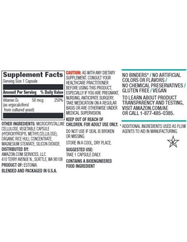 Vitamina D2 2000 UI Vegana Amazon Elements 65 Cápsulas
