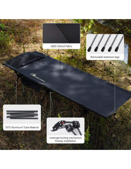 Cama de Camping Plegable MOON LENCE Ajustable 150 kg Negra