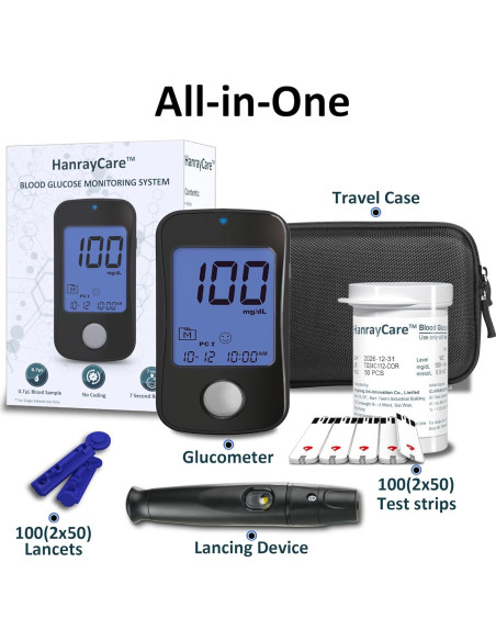 Kit de Monitoreo de Glucosa HanrayCare TD-4125 con 100 Tiras