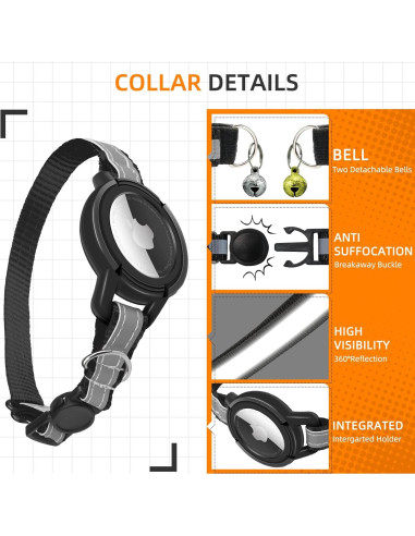 Collar Reflectante para Gato Odokele con Soporte AirTag - Negro