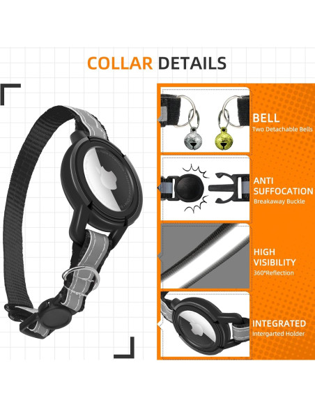 Collar Reflectante para Gato Odokele con Soporte AirTag - Negro