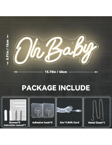 Luz de Neón LED Oh Baby para Decoración de Pared 38x15cm