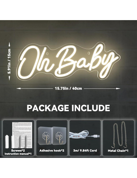 Luz de Neón LED Oh Baby para Decoración de Pared 38x15cm