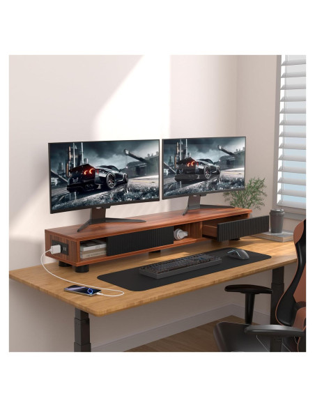 Soporte Doble Monitor Artswish Madera 108 cm con Toma Corriente
