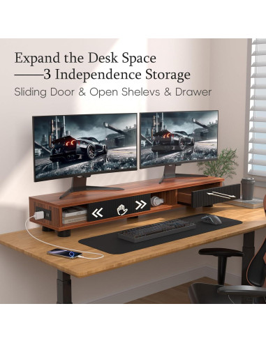 Soporte Doble Monitor Artswish Madera 108 cm con Toma Corriente