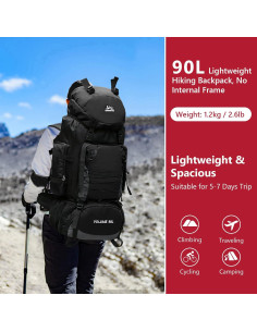 Mochila de Senderismo 90L Impermeable Negra - Camping y Viaje 2