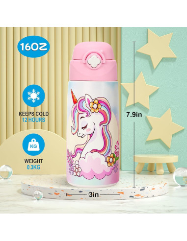Botella de Agua Aislada Ntswasd Unicornio 0.47L a Prueba de Fugas