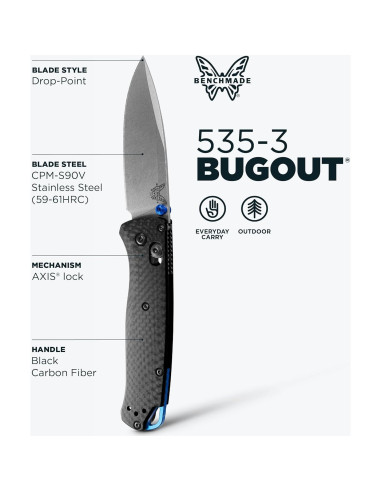 Cuchillo EDC Benchmade Bugout 535-3 Fibra de Carbono 18.93cm