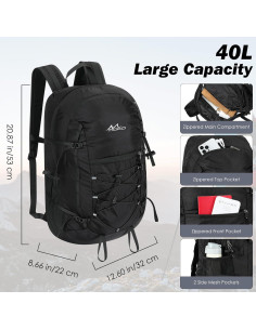 Mochila de Senderismo MoKo 40L Resistente al Desgarro Negra 2