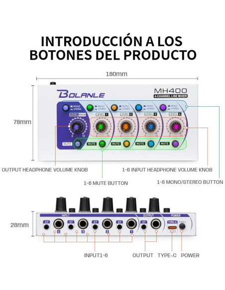Mini Mezclador de Audio Bolanle MH400, 4 Canales, Bajo Ruido