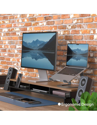 Soporte Doble para Monitor Elevador de Escritorio 108 cm Negro/Bambú