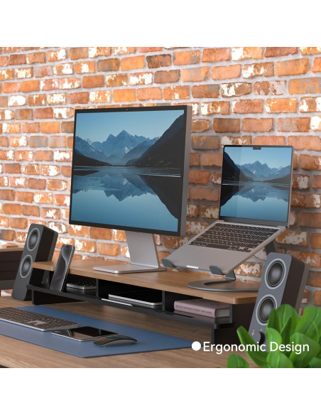 Soporte Doble para Monitor Elevador de Escritorio 108 cm Negro/Bambú