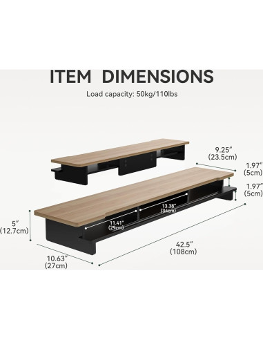Soporte Doble para Monitor Elevador de Escritorio 108 cm Negro/Bambú