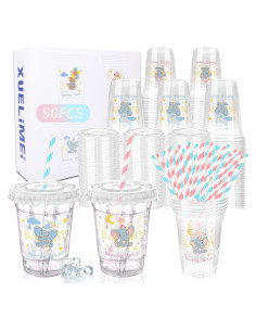 Vasos de Plástico Desechables Xuelimei 12 oz Elefante Rosa y Azul - 50 Piezas