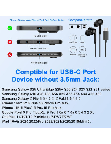 Auriculares In-Ear USB C Samsung A16 A17 A36 S25 Ultra 4 pies