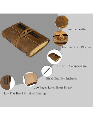 Diario de Cuero Marrón CooLeathor 5x7 Páginas Lisas 240