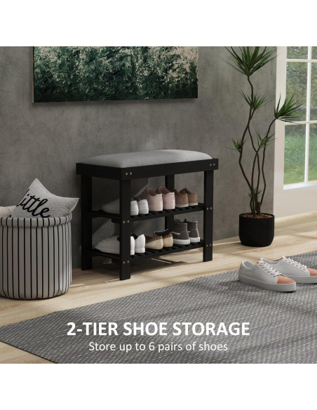 Banco de Entrada HOMCOM de Bambú con Almacenamiento y Cojín 60x29x49cm Negro