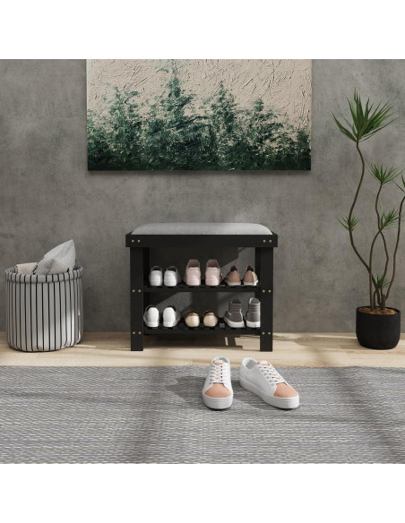 Banco de Entrada HOMCOM de Bambú con Almacenamiento y Cojín 60x29x49cm Negro