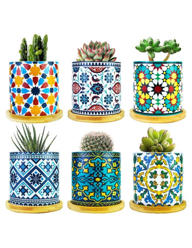 Paquete de 6 macetas de cerámica Mandala Ascrafter con bandejas