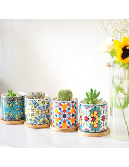 Paquete de 6 macetas de cerámica Mandala Ascrafter con bandejas