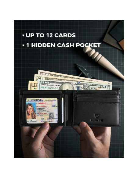 Billetera LORZOR AirTag de Cuero Bifold para Hombres - Negro