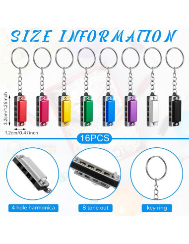 16 Mini Armónicas Llavero Ecally Multicolor 4 Agujeros