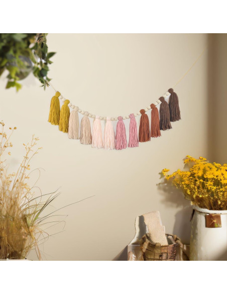 Guirnalda de Borlas Arcoíris Pastel con Perlas de Madera Guirnalda de Borlas Arcoíris Pastel con Perlas de Madera