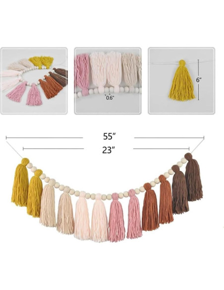 Guirnalda de Borlas Arcoíris Pastel con Perlas de Madera Guirnalda de Borlas Arcoíris Pastel con Perlas de Madera