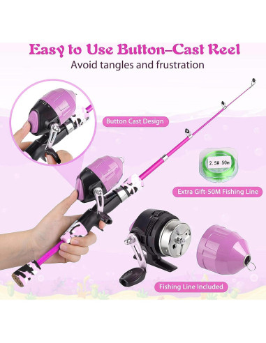 Caña de Pescar Telescópica Milerong 1.2m para Niños Rosa