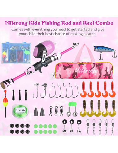 Caña de Pescar Telescópica Milerong 1.2m para Niños Rosa