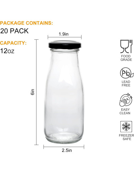 Botellas de vidrio QAPPDA 350ml con tapa negra hermética - Set 20