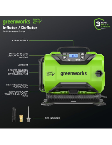 Inflador de Neumáticos Inalámbrico Greenworks 24V 160 PSI