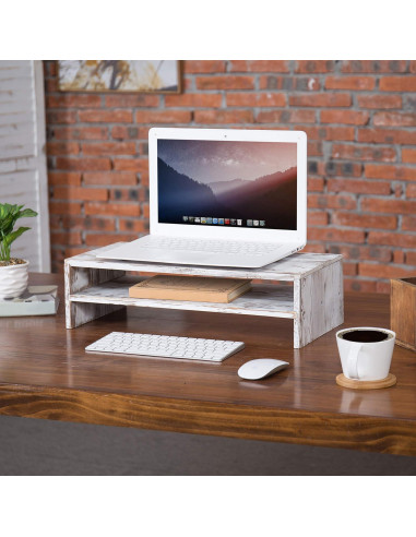 Soporte para Monitor y Laptop MyGift de Madera Blanqueada 2 Niveles