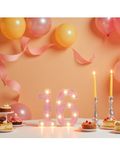 Números Iluminados LED Rosa Brillante 16 - Decoración Cumpleaños 2