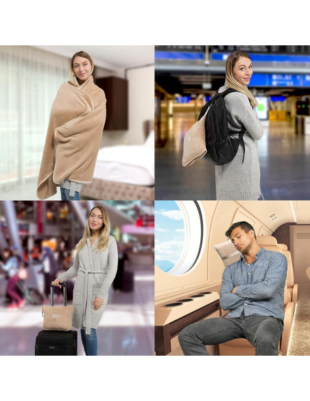 Manta de Viaje Beige BlueHills con Almohada y Clip de Mochila