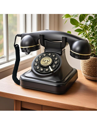 Teléfono Fijo Retro TelPal Negro 1930 con Botón de Re-dial