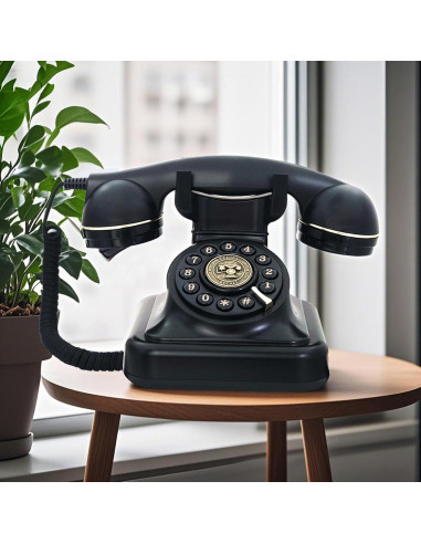 Teléfono Fijo Retro TelPal Negro 1930 con Botón de Re-dial