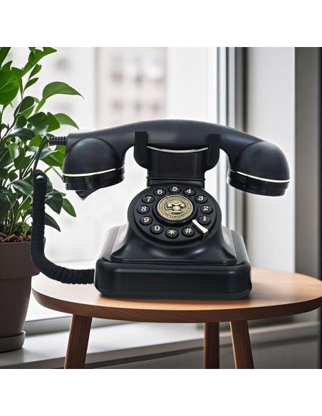 Teléfono Fijo Retro TelPal Negro 1930 con Botón de Re-dial