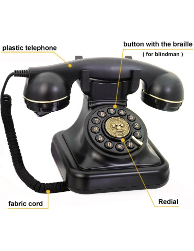 Teléfono Fijo Retro TelPal Negro 1930 con Botón de Re-dial